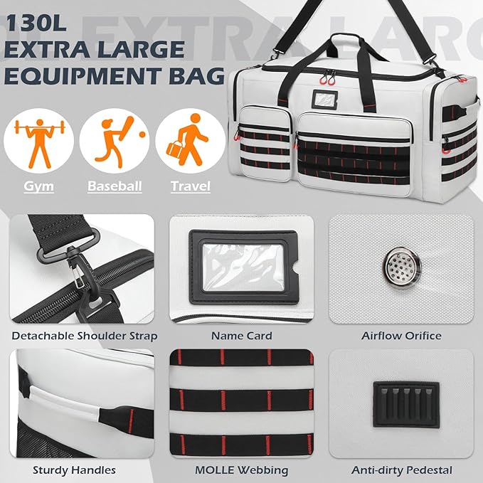 135L Large Duffle Bag, Heavy Duty Duffle Bag for Travel, Extra Large Sports Gym Equipment Bag for Soccer Baseball Basketball Hockey Football, Grey