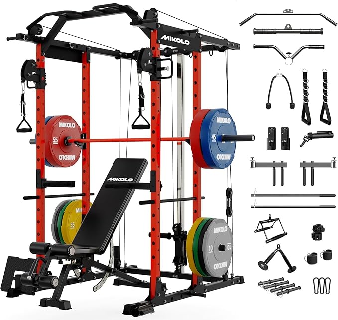 Mikolo Power Cage, Power Rack with Cable Crossover System, 1500LBS Squat Rack with LAT Pull Down System, Workout Cage with Pulley System for Fitness Home Gym