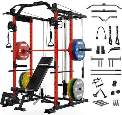Mikolo Power Cage, Power Rack with Cable Crossover System, 1500LBS Squat Rack with LAT Pull Down System, Workout Cage with Pulley System for Fitness Home Gym