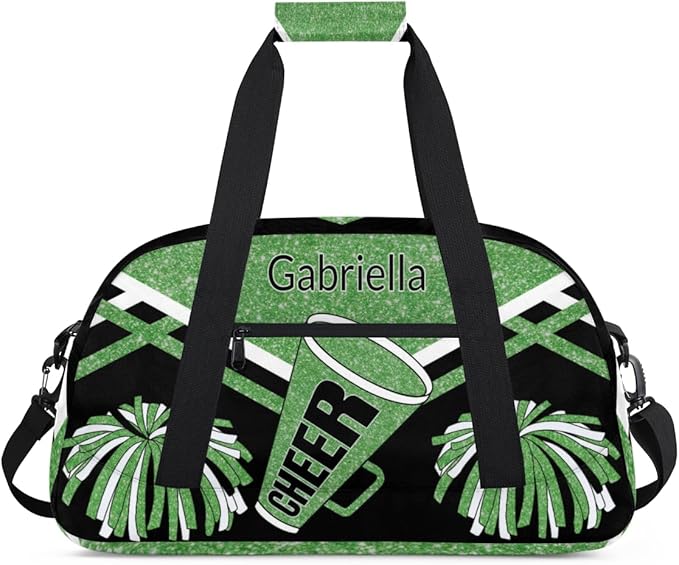 Custom Name Cheerleader Gym Bag for Kids Girls, Personalized Dance Sport Duffel Gymnastics Bag Travel Weekender Outdoor Tote Carry-On Bag, Green Black Glitter Sequins