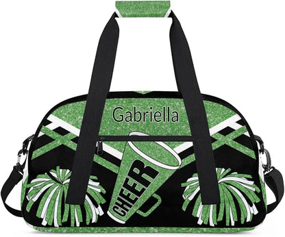 Custom Name Cheerleader Gym Bag for Kids Girls, Personalized Dance Sport Duffel Gymnastics Bag Travel Weekender Outdoor Tote Carry-On Bag, Green Black Glitter Sequins
