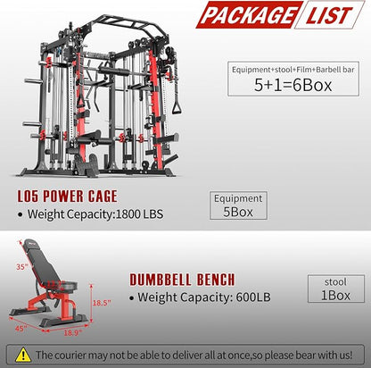 Smith Machine with Cable Crossover System, Multi-Function Squat Rack Power Cage for Home Gym, Power Rack and Packages Weight Sets