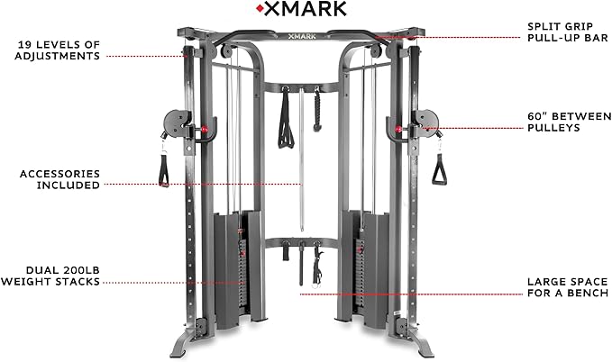 XMARK Functional Trainer Cable Machine, Dual Weight Stack Cable Pulley Machine for Strength Training, Commercial and Home Gyms, and Rehab Facilities