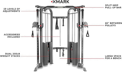 XMARK Functional Trainer Cable Machine, Dual Weight Stack Cable Pulley Machine for Strength Training, Commercial and Home Gyms, and Rehab Facilities