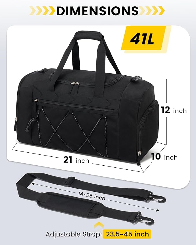 Vorspack Gym Bag for Men - 21 Inches Duffle Bag for Travel Water-resistant Travel Bag with Shoe Compartment Wet Pocket Duffel Bag for Gym Sports Travel Weekender Overnight - Black