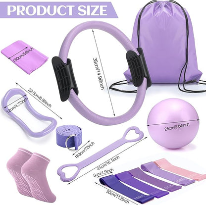 Pilates Ring Circle Set 18 Pcs Exercise Equipment Accessories for Women Workouts Pilates Ball Stretching Strap Magic Circle Yoga Ring Gym Back Bag Resistance Band Anti Slip Socks