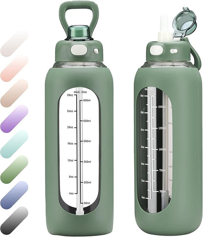 SIEROZUR 32 oz Glass Water Bottle with Straw and Handle 1 Liter Glass Water Bottle with Silicone Sleeve and Time Marker Sports Water Jug Wide Mouth for Travel Gym
