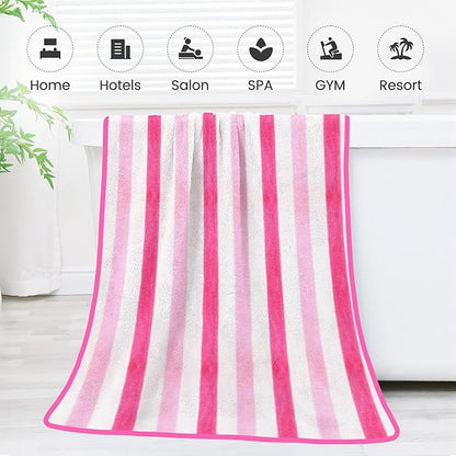 JML Microfiber Bath Towels, Bath Towel 2 Pack(30" x 60"), Oversized, Soft, Super Absorbent and Fast Drying, Multipurpose Use for Sports, Fitness, Yoga, Cabana Stripe Pink