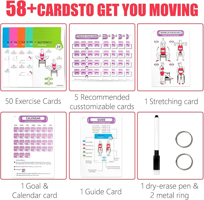 Chair Yoga Workouts for Women-58 Exercise Cards with Chair Yoga，ncludes 4-Week Challenge,2 Rings& Dry-Erase for Easy Organization-Home, Gym or Studio