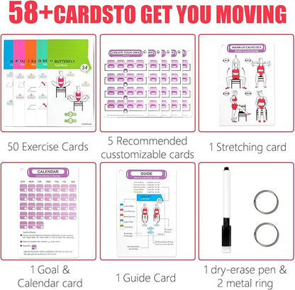 Chair Yoga Workouts for Women-58 Exercise Cards with Chair Yoga，ncludes 4-Week Challenge,2 Rings& Dry-Erase for Easy Organization-Home, Gym or Studio