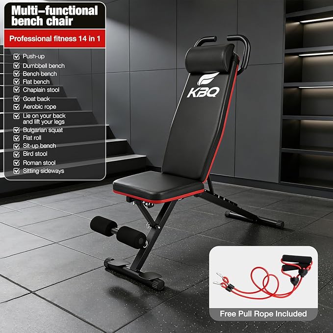 Adjustable Exercise Chair for Home Gym – Foldable Back Extension Bench for Core, Hip & Lower Back Workout – Multi-Functional Hyperextension Bench with Tension Rope for Full-Body Exercise