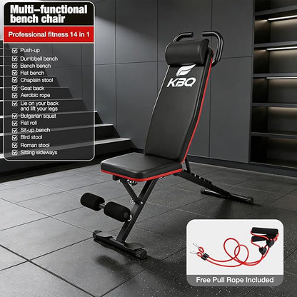Adjustable Exercise Chair for Home Gym – Foldable Back Extension Bench for Core, Hip & Lower Back Workout – Multi-Functional Hyperextension Bench with Tension Rope for Full-Body Exercise