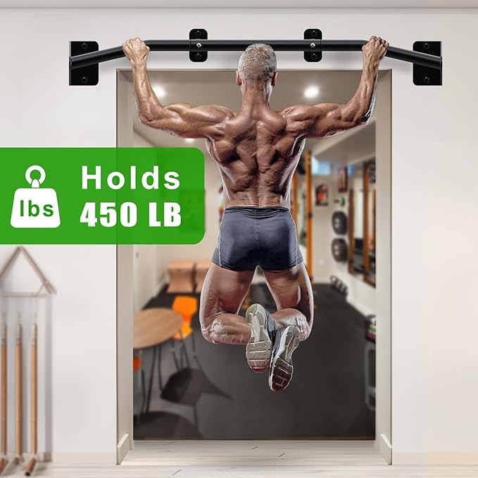 SELEWARE Heavy Duty Wall Mount Pull Up Bar, Joist Mount Chin Up Bar for Doorway, Sturdy Steel Construction, w/Resistance Band Hooks, Fits 32"/36" Wall Studs for Home Gym Strength Training