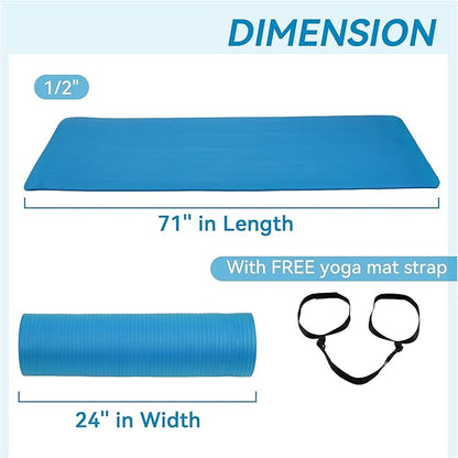 Fitvids Yoga Mat, 1/2-Inch Extra Thick High Density Exercise Mat, Anti-Tear Exercise Yoga Mat with Carrying Strap, Suitable for Various Yoga Exercises
