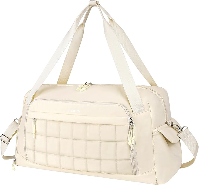 MOSISO Gym Bag for Women, Travel Duffle Weekender Overnight Workout Carry on Gym Duffle Bag with Shoe Compartment&Wet Pocket&Front Quilted Grid Pocket for Fitness, Yoga, Weekend, Beige