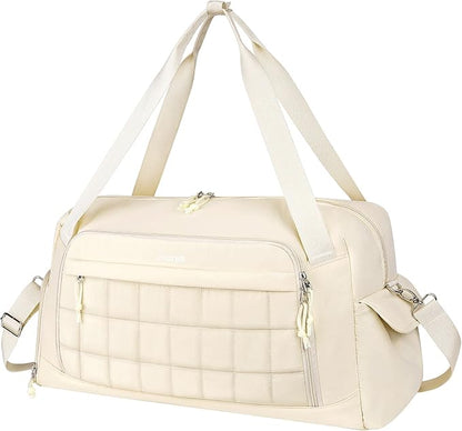 MOSISO Gym Bag for Women, Travel Duffle Weekender Overnight Workout Carry on Gym Duffle Bag with Shoe Compartment&Wet Pocket&Front Quilted Grid Pocket for Fitness, Yoga, Weekend, Beige
