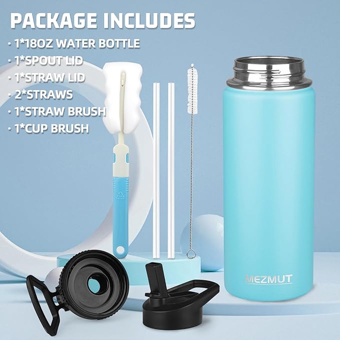Insulated Water Bottle 18oz Stainless Steel Water Bottles with Straw&2 Lids, Kids Metal Water Bottle Cup for School, Vacuum Insulated Bottles Leak-Proof Travel Cup, Blue