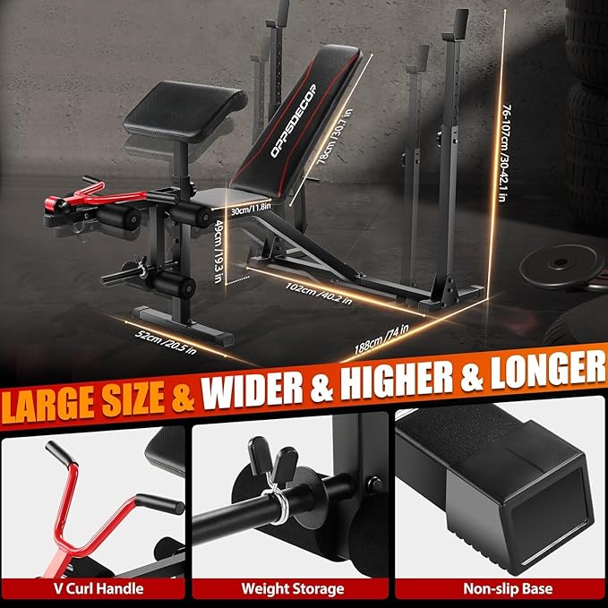 OPPSDECOR Professional Weight Bench Set with Barbell/Squat Rack, 900LBS Heavy Duty Bench Press Set with Leg Curl/Extension and Preacher Curl, Adjustable Full-Body Workout Bench for Home Gym Fitness (Vermilion)