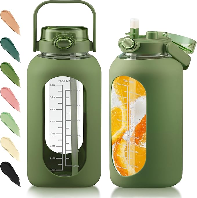 SIEROZUR 64 oz Glass Water Bottle with Straw and Handle Lid Half Gallon Motivational Glass Bottle with Silicone Sleeve and Time Marker Large Reusable Sports Water Jug for Gym Home Workout