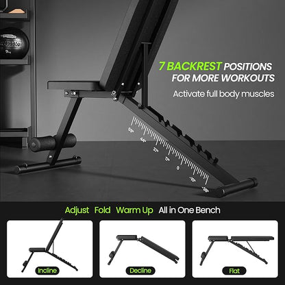 Adjustable Weight Bench for Home Gym, Foldable Workout Bench for Full Body Fitness Dumbbell Exercise, 600LBS Incline Decline Flat Bench with Resistance Bands for Strength Training