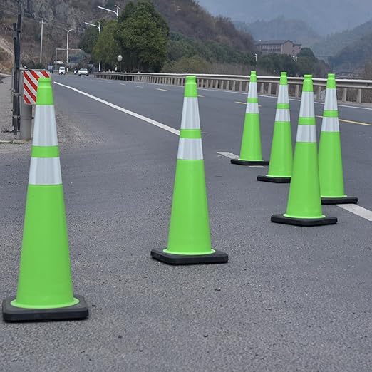 8 Pack 36 Inch Green Reflective Safety Cones, Tall Black Base Traffic Cones for Road Work, Parking Guidance and Athletic Field Marking (8, Green, 36 Inch)