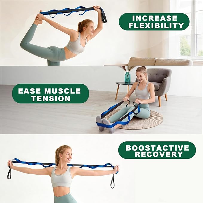 Stretching Strap with 10 Loops – Non-Elastic Yoga Strap for Physical Therapy, Knee Replacement Recovery & Plantar Fasciitis – Leg Stretcher Band for Flexibility & Hamstring Rehab