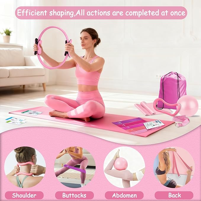 Pilates Kit for Women Pilates Equipment Ring and Ball Set Magic Circle Hoop with 5 Resistance Bands Compact Toning Fitness Essentials Starter Set Accessories with Exercise Guide