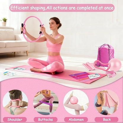 Pilates Kit for Women Pilates Equipment Ring and Ball Set Magic Circle Hoop with 5 Resistance Bands Compact Toning Fitness Essentials Starter Set Accessories with Exercise Guide