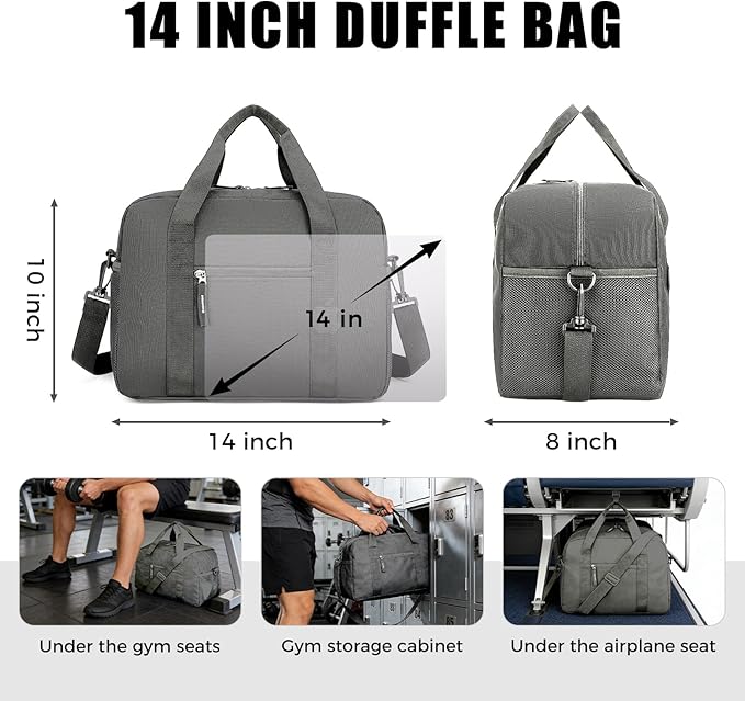 14 inch Small Gym Bag for Men & Women, Mini Duffle Bag for Travel Sports, Lightweight Carry On Duffel Bag, Dark Grey