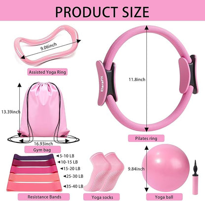 Home Pilates Ring and Ball Set for Women with 5 Resistance Bands 13 inch Magic Circle Workout Starter Kit for Beginners Full Body Toning 15 Min Daily Routine Pilates Equipment