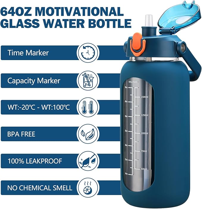 kytffu 64oz Glass Water Bottles with Straw, Half Gallon Motivational Glass Bottle with Silicone Sleeve and Time Marker, 2L Leakproof Large Glass Water Jug for Gym Home Office,Blue
