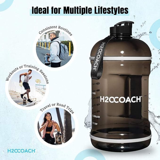 H2OCOACH 1 Gallon Hydration Jug with Time Marker & Measurements, BPA-Free Tritan Sports Drink Container, Motivational Daily Intake Tracker for Gym, Workout, & Fitness Routines (128 oz, Black)