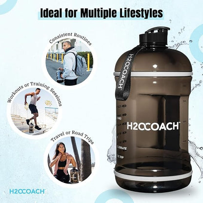 H2OCOACH 1 Gallon Hydration Jug with Time Marker & Measurements, BPA-Free Tritan Sports Drink Container, Motivational Daily Intake Tracker for Gym, Workout, & Fitness Routines (128 oz, Black)