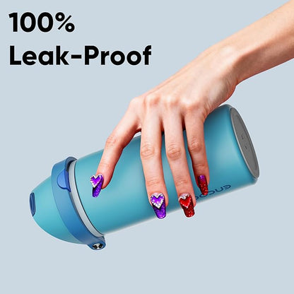 Insulated Water Bottle with Straw - Encool Stainless Steel Water Bottle with Push Button Lid, Leak-Proof & BPA-Free, Keeps Cold for 24 Hours for Sports, Travel, Gym (18 oz, Silk Blue)