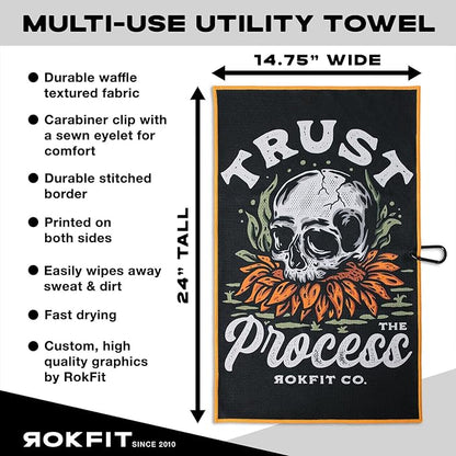 RokFit Gym & Golf Towel – Multi-Use, Quick-Dry, Durable Utility Towel with Bold Graphic and Carabiner Clip (Trust The Process)