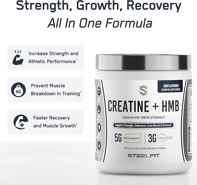 SteelFit Creatine HMB Powder - 5g Creapure Creatine Monohydrate Powder, 3g myHMB & 1000 IU Vitamin D - Workout Supplement Supports Muscle Growth, Strength, Recovery & Energy - Unflavored, 30 Servings