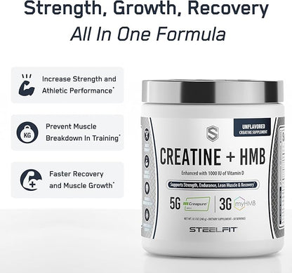 SteelFit Creatine HMB Powder - 5g Creapure Creatine Monohydrate Powder, 3g myHMB & 1000 IU Vitamin D - Workout Supplement Supports Muscle Growth, Strength, Recovery & Energy - Unflavored, 30 Servings