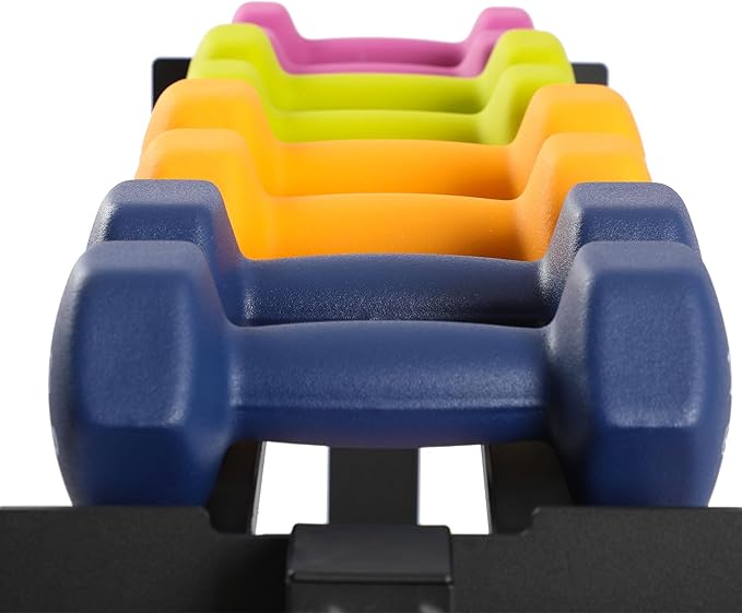 HolaHatha 146 Pound Neoprene Coated Non Slip Dumbbells with Rack for Strength Training, Includes 3, 5, 8, 10, 12, 15, & 20 Pound Sets, Multicolor
