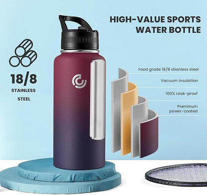 COKTIK 32oz Sports Water Bottle, Stainless Steel Water Bottle for Insulated, Reusable Travel Bottle, With Straw, With Handle Grip for Easy Carrying, Suitable for Cycling, Outdoor Vacations(Midnight)