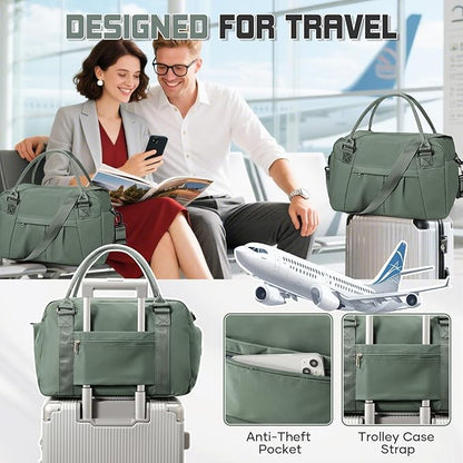Travel Duffel Bag for Women - Small Waterproof Weekender Tote Carry on Bag with Shoe Compartment, Wet Pocket & Trolley Sleeve - Ideal for Gym, Yoga, Swim, Dance & Workout Green