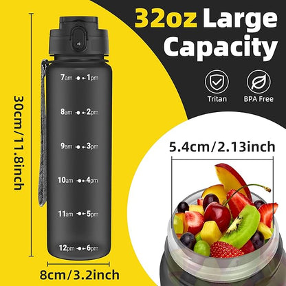 OLDLEY 32 oz Water Bottle, Motivational Water Bottle with Time Marker, Sports Water Bottle With Strap, Leakproof & BPA Free Large Water Bottles for School, Gym, Travel, Outdoor, Tritan,Black
