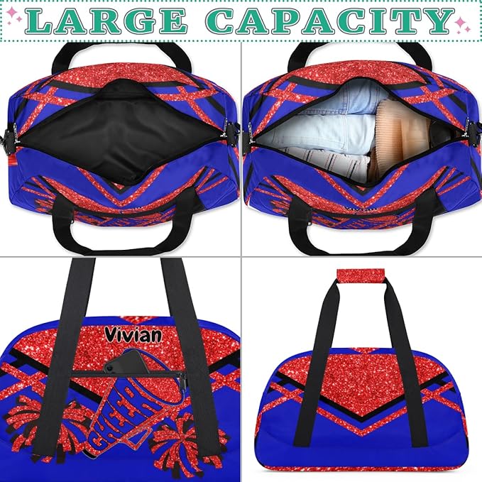 Personalized Sports Cheer Duffel Bag, Custom Sport Gym Bag Large Compartment Cheerleaders Dance Bag Weekender Bags Travel Training Bag for men, Red Sequins Glitter Black Royal Blue