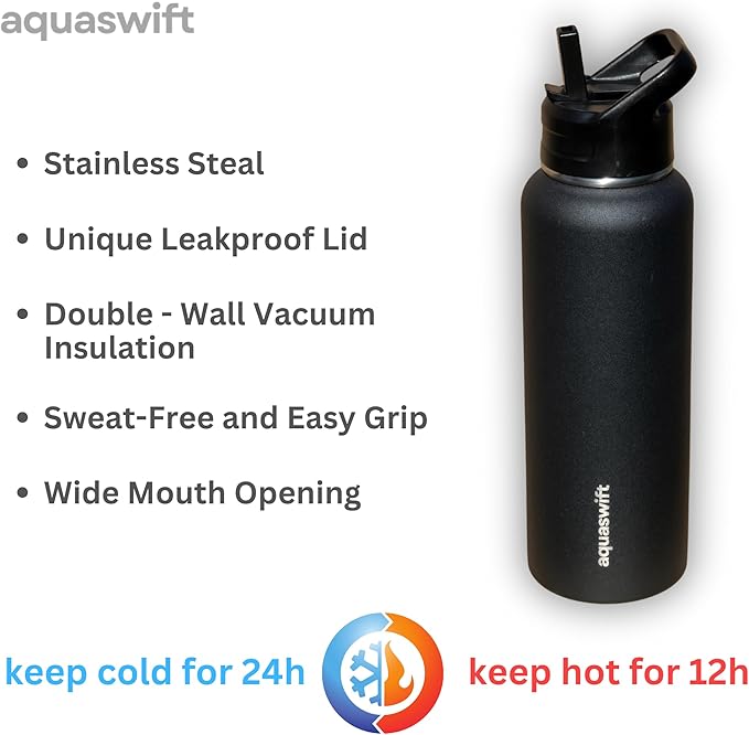 core - Sports Water Bottle - Gym & Outdoor Bottles, Double Wall, 40 oz, Black - Vacuum Insulated Stainless Steel - With 3 Lids, Straw, Spout and Handle Lid.