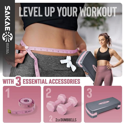 SAKAE Step Aerobics Platform Set with Dumbbells & Measuring Tape, Aerobic Steppers for Exercise at Home, Adjustable Height 2 Level Risers Workout Step Trainer with Non-Slip Surface, Multiple Colors