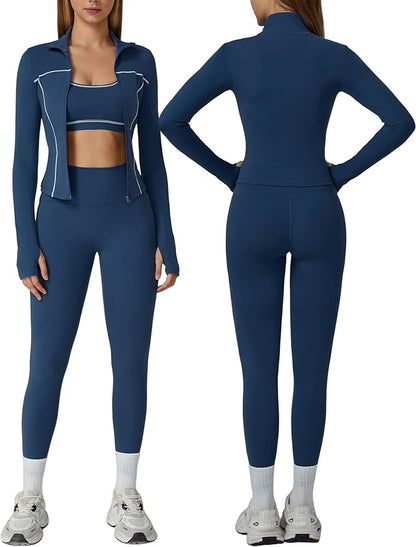 Womens workout sets Contrast Long Sleeve Jacket with Sports Bra and Butt-lifting Pants Yoga Outfits 3 Pieces Set