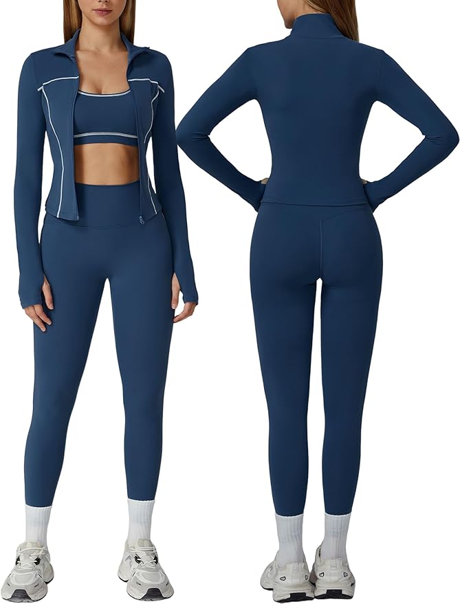 Womens workout sets Contrast Long Sleeve Jacket with Sports Bra and Butt-lifting Pants Yoga Outfits 3 Pieces Set