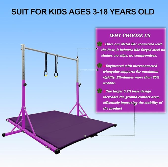 Gymnastics Bar for Kids Girls Ages 3-15 with Ring for Home Indoor Training Equipment- Steady Steel Construction, Anti-Slip, Easy to Assemble, 3' to 5' Adjustable Height