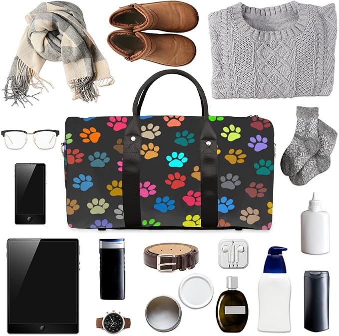 Travel Duffel Bag Cat Dog Paw Print Sport Tote Gym Bag Waterproof Foldable Carryon Weekend Overnight Training Handbag Sports Duffle Bags for Women Men Boys Girls