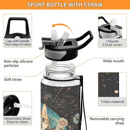 Fustylead Cute Cat Wearing Spacesuits in Space 32oz BPA Free Water Bottle, Leak-proof Bottle with Carrying Strap, Clear Sports Bottle for Running Cycling Camping