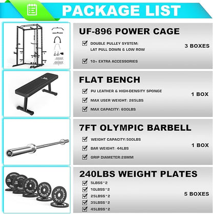 Power Cage, Multi-Functional Power Rack with J-Hooks, Dip Handles, Landmine Attachment and Optional Cable Pulley System for Home Gym